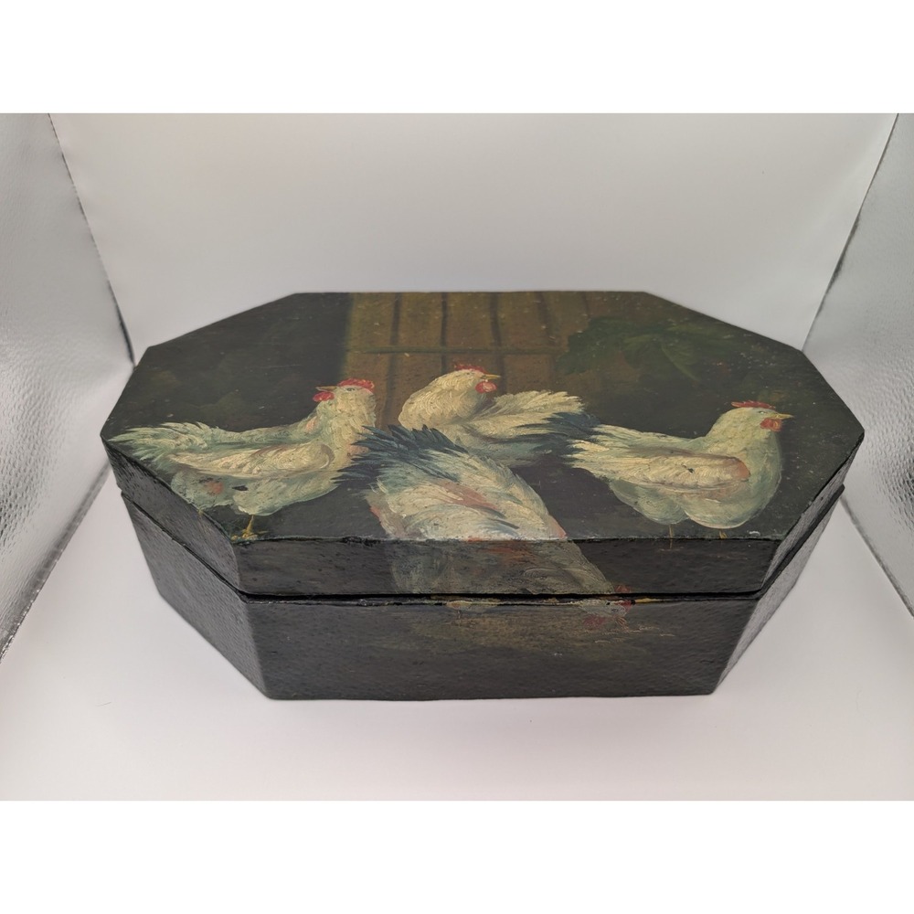 Hand Painted Chicken Octagonal Wooden Keepsake Storage Box Farmhouse Decor 12in